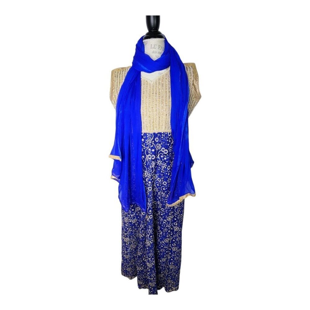 Vintage Maxi Dress Women M Gold Blue Lace Pearl Beads Bodice Party Holiday Glam